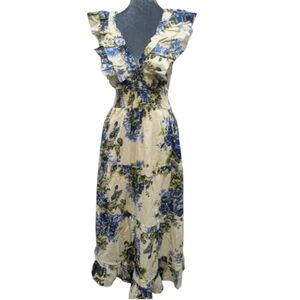 0120 Caroline Constas Garden Floral Blue White Smoked Cotton Maxi Dress S  NWT